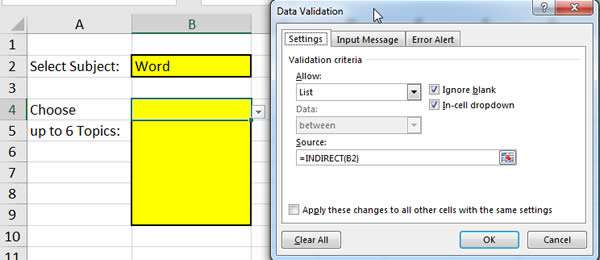 Indirect function in data validation