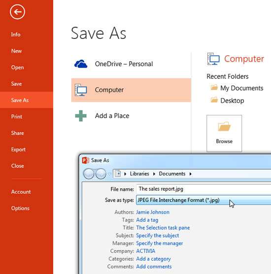 Saving as a JPEG in PowerPoint