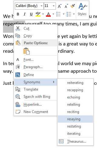 Synonyms in Microsoft Word
