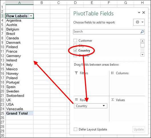 Country field in Excel