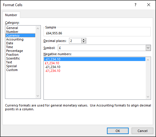 Field settings dialog number format