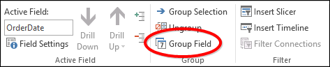 Group field option in Excel