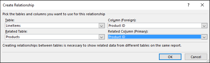 Relationship window in Excel